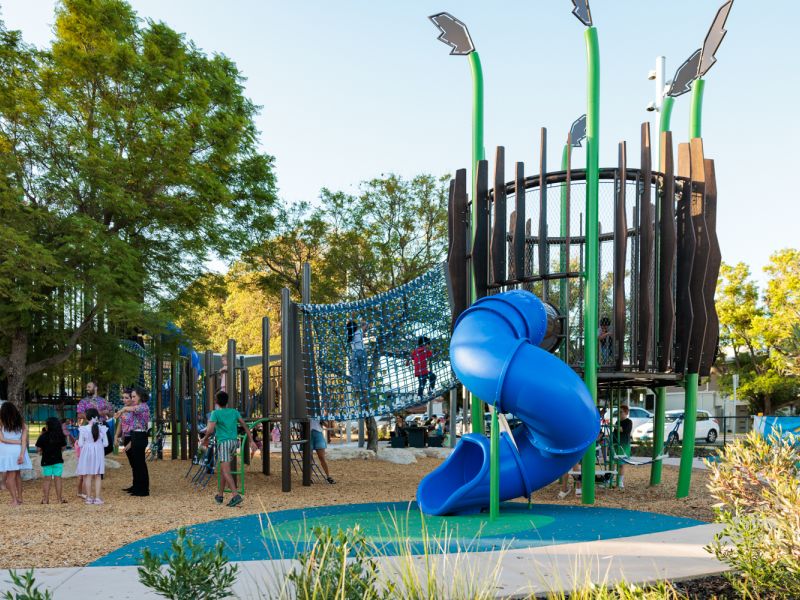 A wide shot of the Wilson Park playground. 